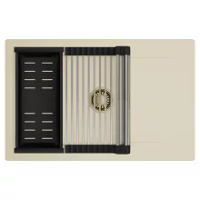 HD Onyx Beige 78-XL egymedencés mosogatótálca szett, acél csepegtetőráccsal és matt fekete kosárral, csepegtetőtálcával, soft bézs színben, szálcsiszolt arany leeresztő szifonnal