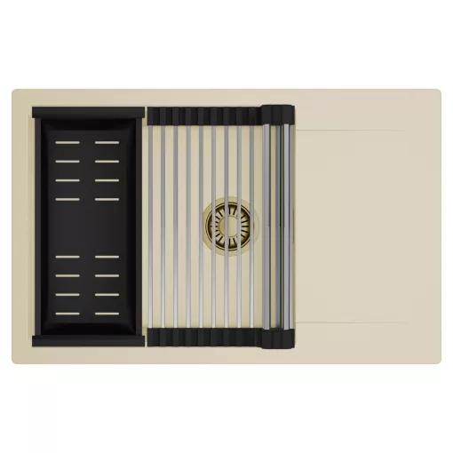 HD Onyx Beige 78-XL egymedencés mosogatótálca szett, acél csepegtetőráccsal és matt fekete kosárral, csepegtetőtálcával, soft bézs színben, szálcsiszolt arany leeresztő szifonnal