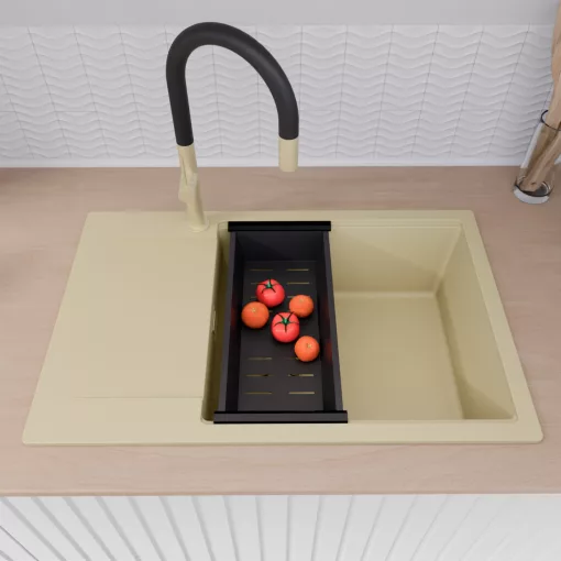 HD Onyx Beige 78-XL egymedencés mosogatótálca szett, acél csepegtetőráccsal és matt fekete kosárral, csepegtetőtálcával, soft bézs színben, szálcsiszolt arany leeresztő szifonnal