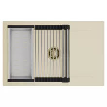 HD Onyx Beige 78-XL egymedencés mosogatótálca szett, acél csepegtetőráccsal és kosárral, csepegtetőtálcával, soft bézs színben, szálcsiszolt arany leeresztő szifonnal