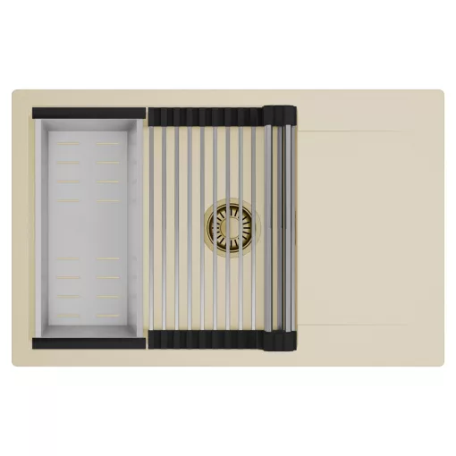 HD Onyx Beige 78-XL egymedencés mosogatótálca szett, acél csepegtetőráccsal és kosárral, csepegtetőtálcával, soft bézs színben, szálcsiszolt arany leeresztő szifonnal