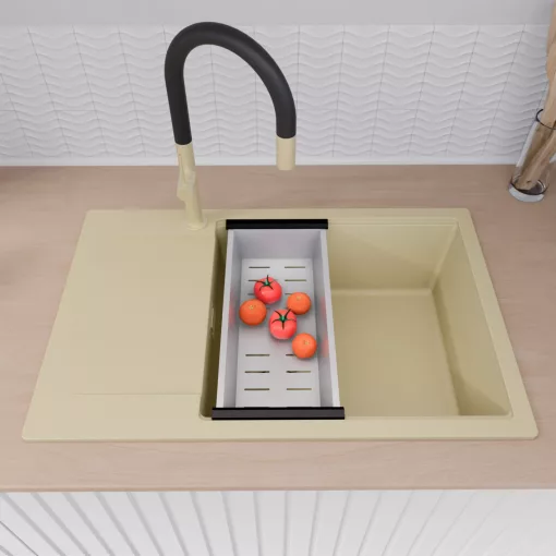 HD Onyx Beige 78-XL egymedencés mosogatótálca szett, acél csepegtetőráccsal és kosárral, csepegtetőtálcával, soft bézs színben, szálcsiszolt arany leeresztő szifonnal