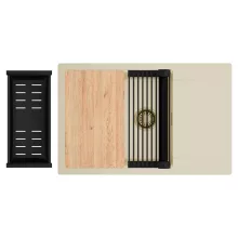 HD Onyx Beige 78-XL egymedencés gránit mosogatótálca szett, csepegtetőtálcával, vágódeszkával, matt fekete csepegtetőráccsal és kosárral, soft bézs színben, szálcsiszolt arany leeresztő szifonnal