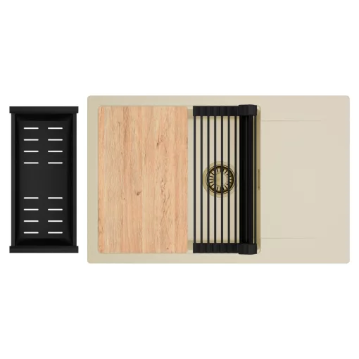 HD Onyx Beige 78-XL egymedencés gránit mosogatótálca szett, csepegtetőtálcával, vágódeszkával, matt fekete csepegtetőráccsal és kosárral, soft bézs színben, szálcsiszolt arany leeresztő szifonnal