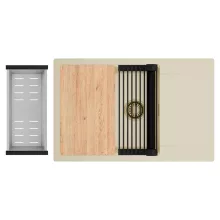 HD Onyx Beige 78-XL egymedencés gránit mosogatótálca szett, csepegtetőtálcával, vágódeszkával, matt fekete csepegtetőráccsal és krómozott kosárral, soft bézs színben, szálcsiszolt arany leeresztő szifonnal