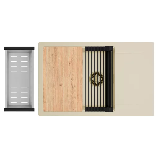 HD Onyx Beige 78-XL egymedencés gránit mosogatótálca szett, csepegtetőtálcával, vágódeszkával, matt fekete csepegtetőráccsal és krómozott kosárral, soft bézs színben, szálcsiszolt arany leeresztő szifonnal