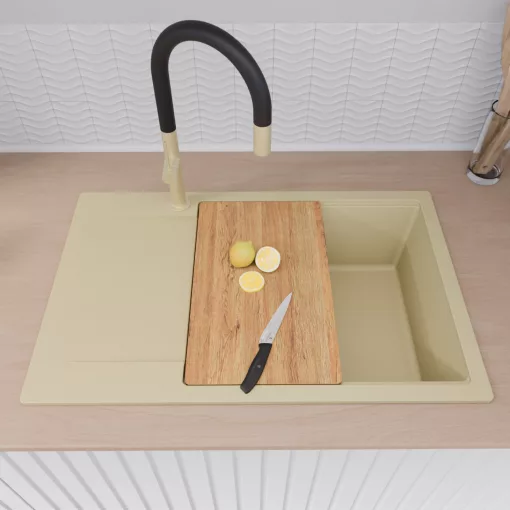 HD Onyx Beige 78-XL egymedencés gránit mosogatótálca szett, csepegtetőtálcával, vágódeszkával, matt fekete csepegtetőráccsal és krómozott kosárral, soft bézs színben, szálcsiszolt arany leeresztő szifonnal