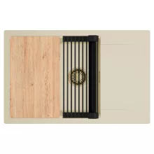 HD Onyx Beige 78-XL egymedencés gránit mosogatótálca szett, csepegtetőtálcával, vágódeszkával, matt fekete csepegtetőráccsal, soft bézs színben, szálcsiszolt arany leeresztő szifonnal