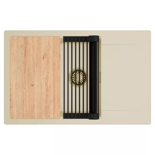 HD Onyx Beige 78-XL egymedencés gránit mosogatótálca szett, csepegtetőtálcával, vágódeszkával, matt fekete csepegtetőráccsal, soft bézs színben, szálcsiszolt arany leeresztő szifonnal