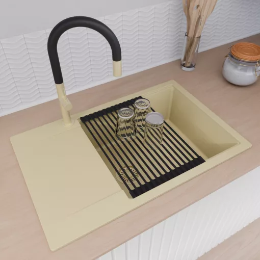 HD Onyx Beige 78-XL egymedencés gránit mosogatótálca szett, csepegtetőtálcával, vágódeszkával, matt fekete csepegtetőráccsal, soft bézs színben, szálcsiszolt arany leeresztő szifonnal