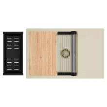 HD Onyx Beige 78-XL egymedencés gránit mosogatótálca szett, csepegtetőtálcával, vágódeszkával, acél csepegtetőráccsal és matt fekete kosárral, soft bézs színben, szálcsiszolt arany leeresztő szifonnal