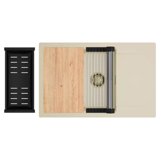 HD Onyx Beige 78-XL egymedencés gránit mosogatótálca szett, csepegtetőtálcával, vágódeszkával, acél csepegtetőráccsal és matt fekete kosárral, soft bézs színben, szálcsiszolt arany leeresztő szifonnal