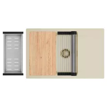HD Onyx Beige 78-XL egymedencés gránit mosogatótálca szett, csepegtetőtálcával, vágódeszkával, acél csepegtetőráccsal és kosárral, soft bézs színben, szálcsiszolt arany leeresztő szifonnal