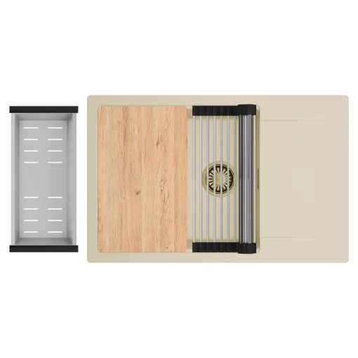 HD Onyx Beige 78-XL egymedencés gránit mosogatótálca szett, csepegtetőtálcával, vágódeszkával, acél csepegtetőráccsal és kosárral, soft bézs színben, szálcsiszolt arany leeresztő szifonnal