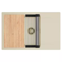 HD Onyx Beige 78-XL egymedencés gránit mosogatótálca szett, csepegtetőtálcával, vágódeszkával, acél csepegtetőráccsal, soft bézs színben, szálcsiszolt arany leeresztő szifonnal