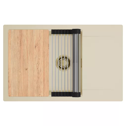 HD Onyx Beige 78-XL egymedencés gránit mosogatótálca szett, csepegtetőtálcával, vágódeszkával, acél csepegtetőráccsal, soft bézs színben, szálcsiszolt arany leeresztő szifonnal