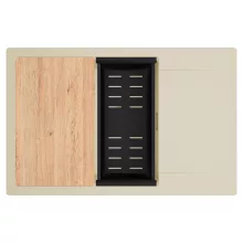 HD Onyx Beige 78-XL egymedencés gránit mosogatótálca szett, csepegtetőtálcával, vágódeszkával, matt fekete csepegtetőkosárral, soft bézs színben, szálcsiszolt arany leeresztő szifonnal