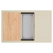 HD Onyx Beige 78-XL egymedencés gránit mosogatótálca szett, csepegtetőtálcával, vágódeszkával, acél csepegtetőkosárral, soft bézs színben, szálcsiszolt arany leeresztő szifonnal