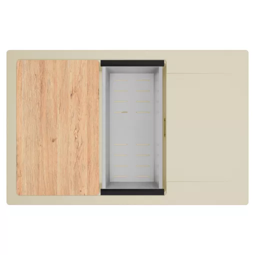 HD Onyx Beige 78-XL egymedencés gránit mosogatótálca szett, csepegtetőtálcával, vágódeszkával, acél csepegtetőkosárral, soft bézs színben, szálcsiszolt arany leeresztő szifonnal