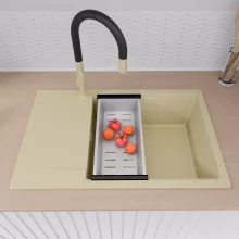 HD Onyx Beige 78-XL egymedencés gránit mosogatótálca szett, csepegtetőtálcával, vágódeszkával, acél csepegtetőkosárral, soft bézs színben, szálcsiszolt arany leeresztő szifonnal