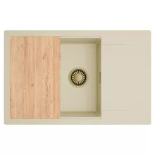 HD Onyx Beige 78-XL egymedencés gránit mosogatótálca, vágódeszkával, soft bézs színben, szálcsiszolt arany leeresztő szifonnal