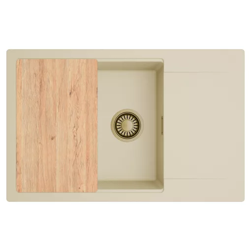 HD Onyx Beige 78-XL egymedencés gránit mosogatótálca, vágódeszkával, soft bézs színben, szálcsiszolt arany leeresztő szifonnal