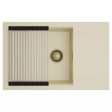 HD Onyx Beige 78-XL egymedencés mosogatótálca szett, acél csepegtetőráccsal, csepegtetőtálcával, soft bézs színben, szálcsiszolt arany leeresztő szifonnal