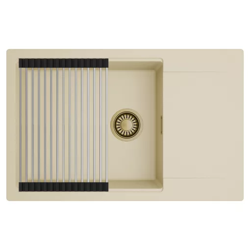 HD Onyx Beige 78-XL egymedencés mosogatótálca szett, acél csepegtetőráccsal, csepegtetőtálcával, soft bézs színben, szálcsiszolt arany leeresztő szifonnal