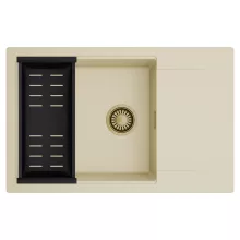 HD Onyx Beige 78-XL egymedencés mosogatótálca szett, matt fekete csepegtetőkosárral, csepegtetőtálcával, soft bézs színben, szálcsiszolt arany leeresztő szifonnal