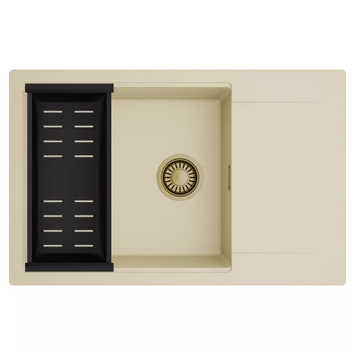 HD Onyx Beige 78-XL egymedencés mosogatótálca szett, matt fekete csepegtetőkosárral, csepegtetőtálcával, soft bézs színben, szálcsiszolt arany leeresztő szifonnal