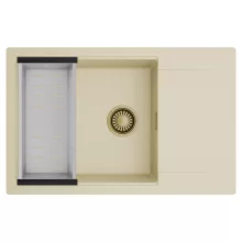 HD Onyx Beige 78-XL egymedencés mosogatótálca szett, acél csepegtetőkosárral, csepegtetőtálcával, soft bézs színben, szálcsiszolt arany leeresztő szifonnal