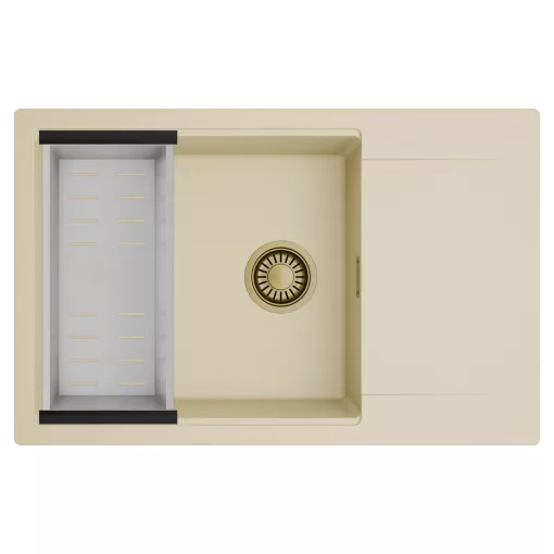 HD Onyx Beige 78-XL egymedencés mosogatótálca szett, acél csepegtetőkosárral, csepegtetőtálcával, soft bézs színben, szálcsiszolt arany leeresztő szifonnal