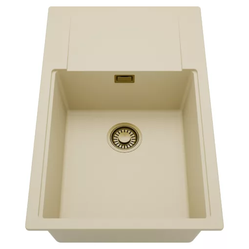 HD Onyx Beige 78-XL egymedencés mosogatótálca, csepegtetőtálcával, soft bézs színben, szálcsiszolt arany leeresztő szifonnal