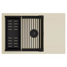 HD Onyx Beige 78-XL egymedencés mosogatótálca szett, matt fekete csepegtetőráccsal és kosárral, csepegtetőtálcával, soft bézs színben, matt fekete leeresztő szifonnal