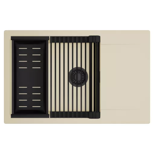 HD Onyx Beige 78-XL egymedencés mosogatótálca szett, matt fekete csepegtetőráccsal és kosárral, csepegtetőtálcával, soft bézs színben, matt fekete leeresztő szifonnal