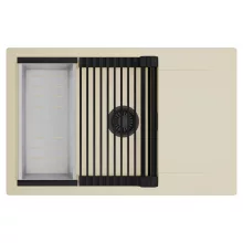 HD Onyx Beige 78-XL egymedencés mosogatótálca szett, matt fekete csepegtetőráccsal és krómozott kosárral, csepegtetőtálcával, soft bézs színben, matt fekete leeresztő szifonnal