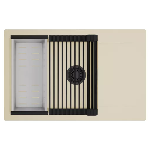 HD Onyx Beige 78-XL egymedencés mosogatótálca szett, matt fekete csepegtetőráccsal és krómozott kosárral, csepegtetőtálcával, soft bézs színben, matt fekete leeresztő szifonnal