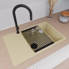 HD Onyx Beige 78-XL egymedencés mosogatótálca szett, matt fekete csepegtetőráccsal és krómozott kosárral, csepegtetőtálcával, soft bézs színben, matt fekete leeresztő szifonnal