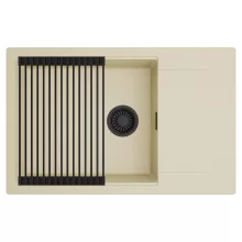 HD Onyx Beige 78-XL egymedencés mosogatótálca szett, matt fekete csepegtetőráccsal, csepegtetőtálcával, soft bézs színben, matt fekete leeresztő szifonnal