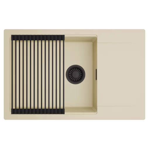 HD Onyx Beige 78-XL egymedencés mosogatótálca szett, matt fekete csepegtetőráccsal, csepegtetőtálcával, soft bézs színben, matt fekete leeresztő szifonnal