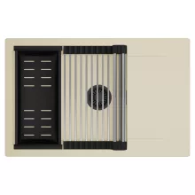 HD Onyx Beige 78-XL egymedencés mosogatótálca szett, acél csepegtetőráccsal és matt fekete kosárral, csepegtetőtálcával, soft bézs színben, matt fekete leeresztő szifonnal