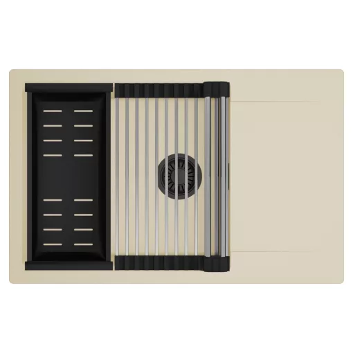 HD Onyx Beige 78-XL egymedencés mosogatótálca szett, acél csepegtetőráccsal és matt fekete kosárral, csepegtetőtálcával, soft bézs színben, matt fekete leeresztő szifonnal