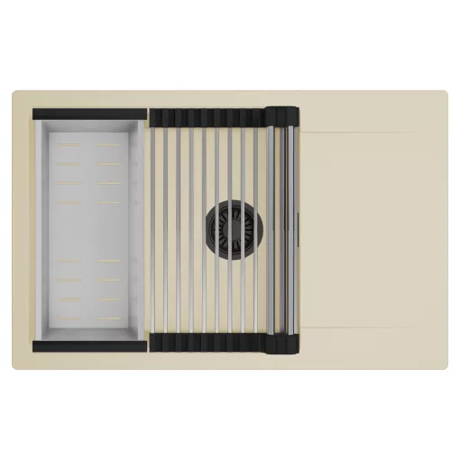 HD Onyx Beige 78-XL egymedencés mosogatótálca szett, acél csepegtetőráccsal és kosárral, csepegtetőtálcával, soft bézs színben, matt fekete leeresztő szifonnal