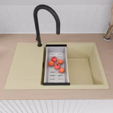 HD Onyx Beige 78-XL egymedencés mosogatótálca szett, acél csepegtetőráccsal és kosárral, csepegtetőtálcával, soft bézs színben, matt fekete leeresztő szifonnal