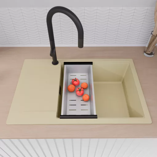 HD Onyx Beige 78-XL egymedencés mosogatótálca szett, acél csepegtetőráccsal és kosárral, csepegtetőtálcával, soft bézs színben, matt fekete leeresztő szifonnal