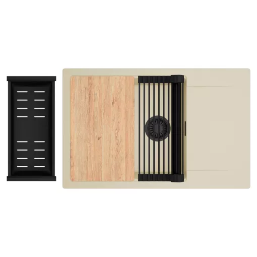 HD Onyx Beige 78-XL egymedencés gránit mosogatótálca szett, csepegtetőtálcával, vágódeszkával, matt fekete csepegtetőráccsal és kosárral, soft bézs színben, matt fekete leeresztő szifonnal