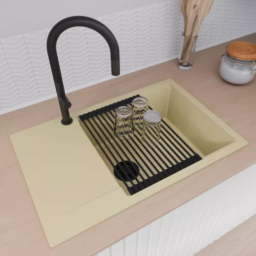 HD Onyx Beige 78-XL egymedencés gránit mosogatótálca szett, csepegtetőtálcával, vágódeszkával, matt fekete csepegtetőráccsal és kosárral, soft bézs színben, matt fekete leeresztő szifonnal