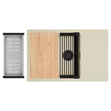 HD Onyx Beige 78-XL egymedencés gránit mosogatótálca szett, csepegtetőtálcával, vágódeszkával, matt fekete csepegtetőráccsal és krómozott kosárral, soft bézs színben, matt fekete leeresztő szifonnal