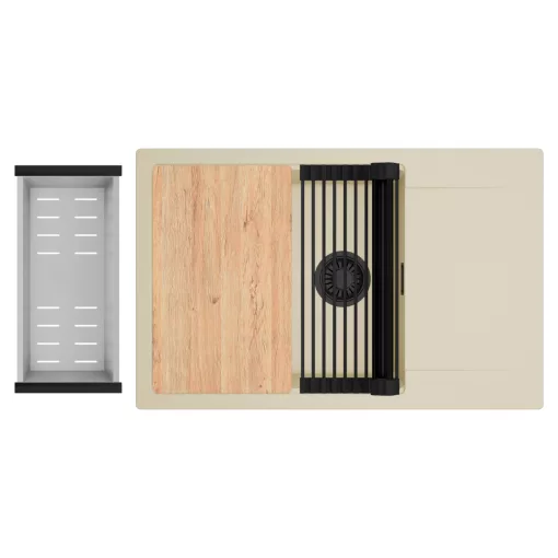 HD Onyx Beige 78-XL egymedencés gránit mosogatótálca szett, csepegtetőtálcával, vágódeszkával, matt fekete csepegtetőráccsal és krómozott kosárral, soft bézs színben, matt fekete leeresztő szifonnal