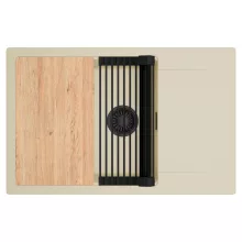 HD Onyx Beige 78-XL egymedencés gránit mosogatótálca szett, csepegtetőtálcával, vágódeszkával, matt fekete csepegtetőráccsal, soft bézs színben, matt fekete leeresztő szifonnal